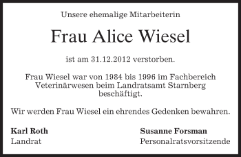 Todesanzeige von Alice Wiesel von merkurtz