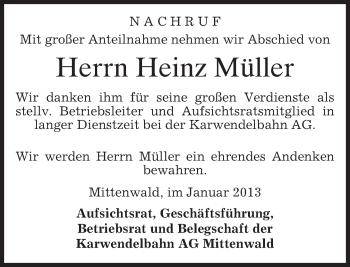 Todesanzeige von Heinz Müller von merkurtz