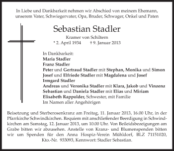 Todesanzeige von Sebastian Stadler von merkurtz