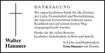 Todesanzeige von Walter Hanauer von merkurtz