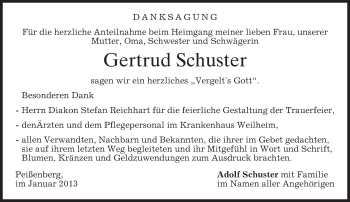 Todesanzeige von Gertrud Schuster von merkurtz