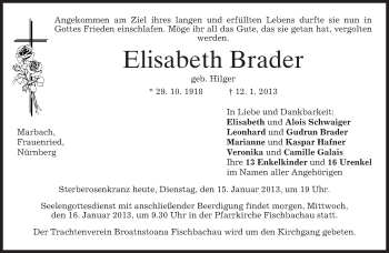 Todesanzeige von Elisabeth Brader von merkurtz