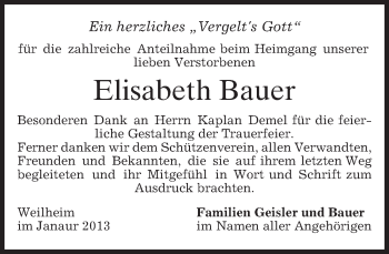 Todesanzeige von Elisabeth Bauer von merkurtz
