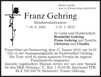 Todesanzeige von Franz Gehring von merkurtz