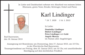Todesanzeige von Karl Lindinger von merkurtz