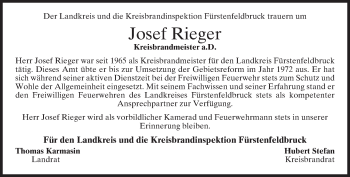 Todesanzeige von Josef Rieger von merkurtz