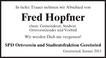 Todesanzeige von Fred Hopfner von merkurtz