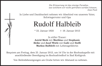 Todesanzeige von Rudolf Halbleib von merkurtz