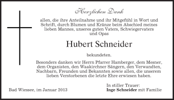 Todesanzeige von Hubert Schneider von merkurtz