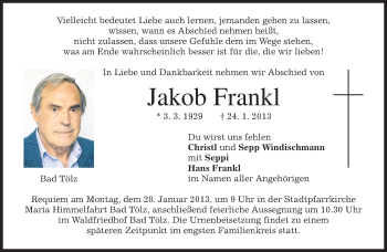 Todesanzeige von Jakob Frankl von merkurtz