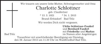Todesanzeige von Charlotte Schlottner von merkurtz