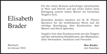 Todesanzeige von Elisabeth Brader von merkurtz