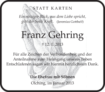 Todesanzeige von Franz Gehring von merkurtz