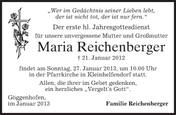 Todesanzeige von Maria Reichenberger von merkurtz