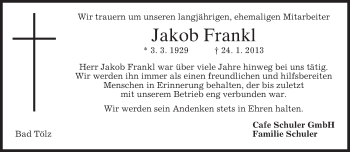 Todesanzeige von Jakob Frankl von merkurtz