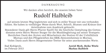 Todesanzeige von Rudolf Halbleib von merkurtz