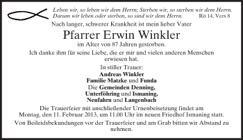 Todesanzeige von Erwin Winkler von merkurtz