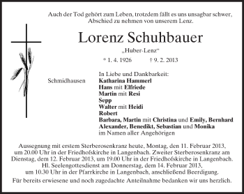 Todesanzeige von Lorenz Schuhbauer von merkurtz
