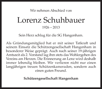 Todesanzeige von Lorenz Schuhbauer von merkurtz
