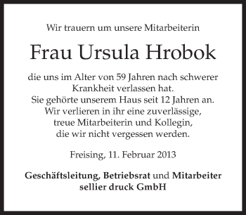 Todesanzeige von Ursula Hrobok von merkurtz