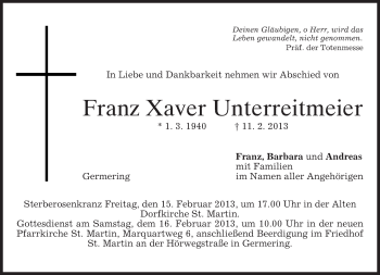 Todesanzeige von Xaver Unterreitmeier von merkurtz