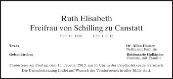Todesanzeige von Ruth Elisabeth Freifrau von Schilling zu Canstatt von merkurtz