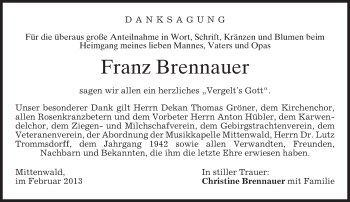 Todesanzeige von Franz Brennauer von merkurtz