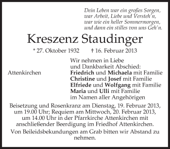 Todesanzeige von Kreszenz Staudinger von merkurtz