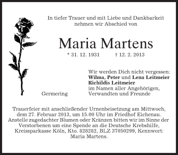 Todesanzeige von Maria Martens von merkurtz