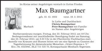 Todesanzeige von Max Baumgartner von merkurtz