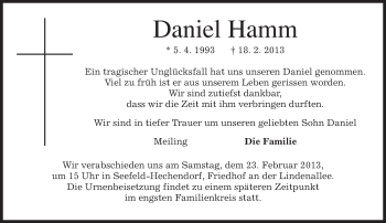 Todesanzeige von Daniel Hamm von merkurtz