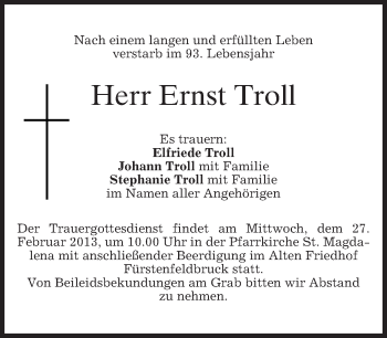 Todesanzeige von Ernst Troll von merkurtz