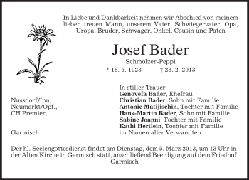 Todesanzeige von Josef Bader von merkurtz