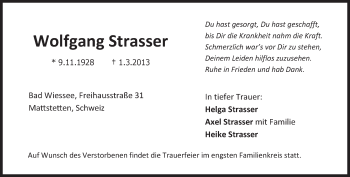 Todesanzeige von Wolfgang Strasser von merkurtz