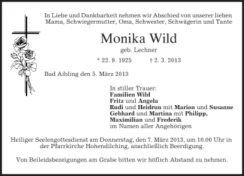Todesanzeige von Monika Wild von merkurtz