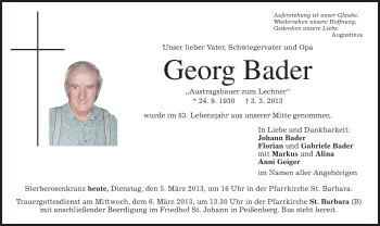 Todesanzeige von Georg Bader von merkurtz