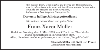 Todesanzeige von Franz Xaver Müller von merkurtz