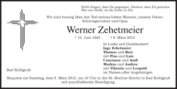 Todesanzeige von Werner Zehetmeier von merkurtz