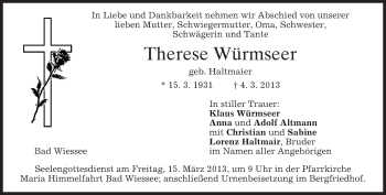 Todesanzeige von Therese Würmseer von merkurtz