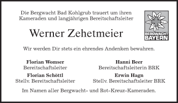 Todesanzeige von Werner Zehetmeier von merkurtz