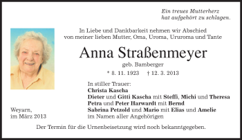 Todesanzeige von Anna Straßenmeyer von merkurtz