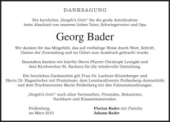 Todesanzeige von Georg Bader von merkurtz