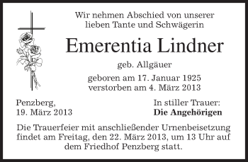 Todesanzeige von Emerentia Lindner von merkurtz