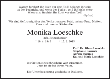 Todesanzeige von Monika Loeschke von merkurtz