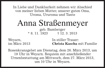Todesanzeige von Anna Straßenmeyer von merkurtz