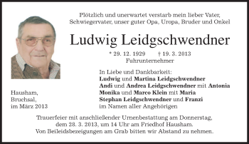 Todesanzeige von Ludwig Leidgschwendner von merkurtz