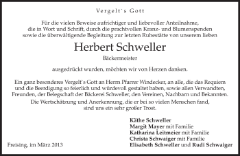 Todesanzeige von Herbert Schweller von merkurtz
