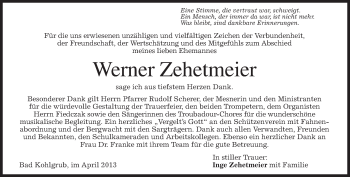 Todesanzeige von Werner Zehetmeier von merkurtz