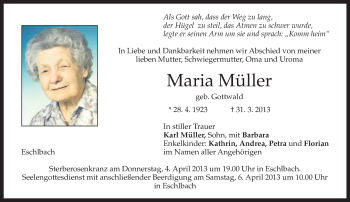 Todesanzeige von Maria Müller von merkurtz
