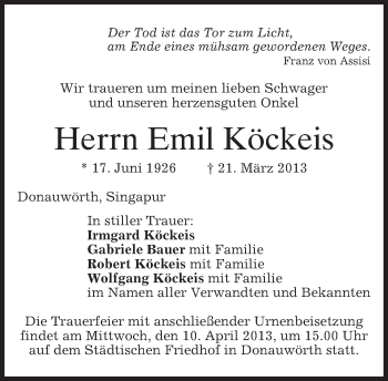 Todesanzeige von Emil Köckeis von merkurtz